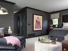 A cozy, warm gray master bedroom with depth and elegance. 