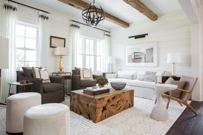 White Living Room With Wood Coffee Table