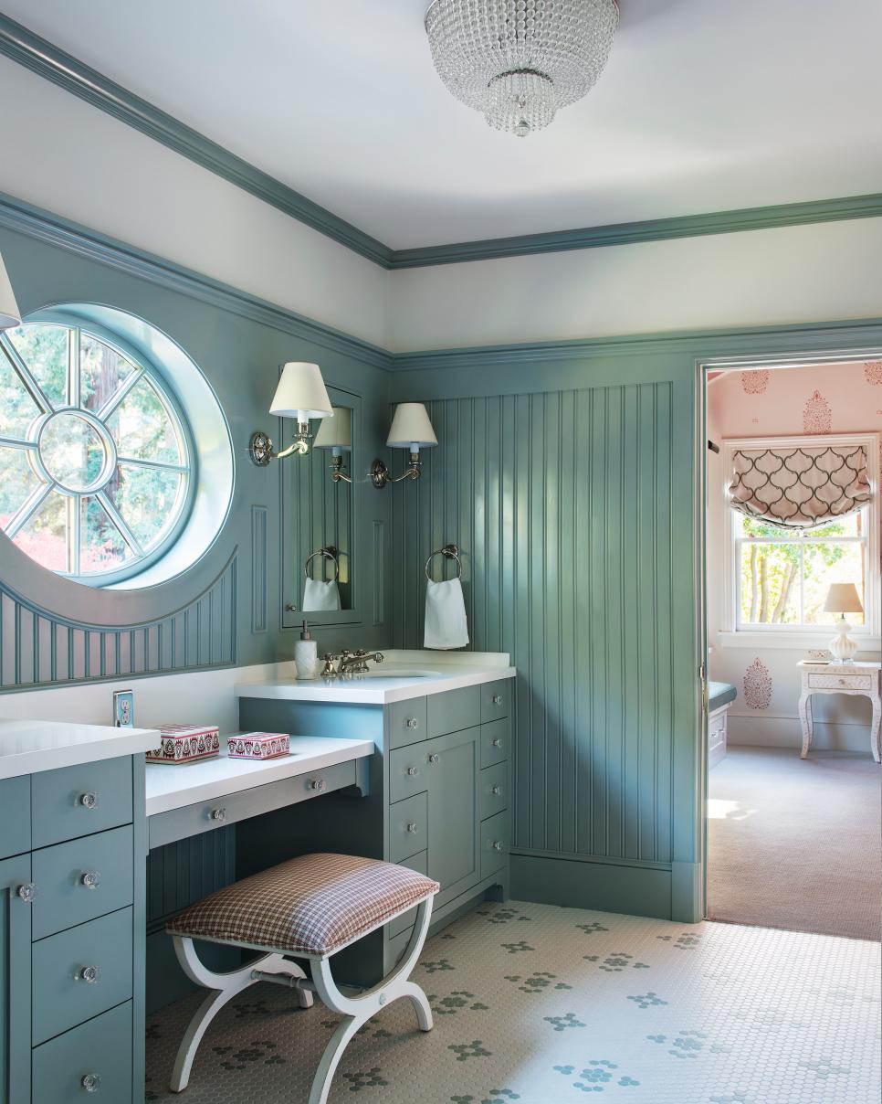 Blue Cottage Kid's Bathroom With Round Window Blue Kid's Bathroom With Round Window