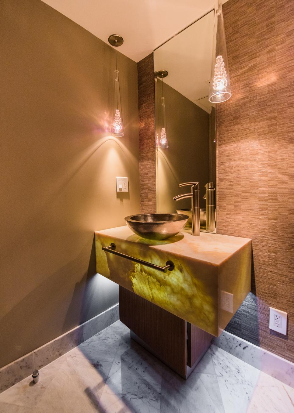 Brown Powder Room With Cone Pendants Brown Powder Room
