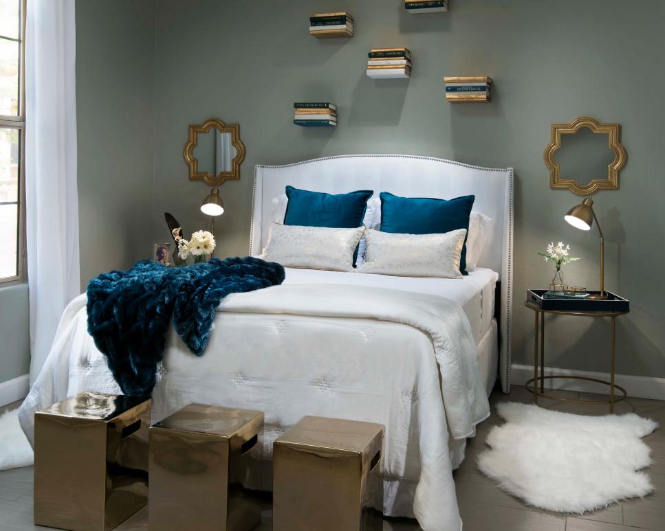 Eclectic Guest Bedroom With Floating Book Shelves And White And Gold Accents Guest Bedroom With White And Gold Accents And Floating Book Shelves