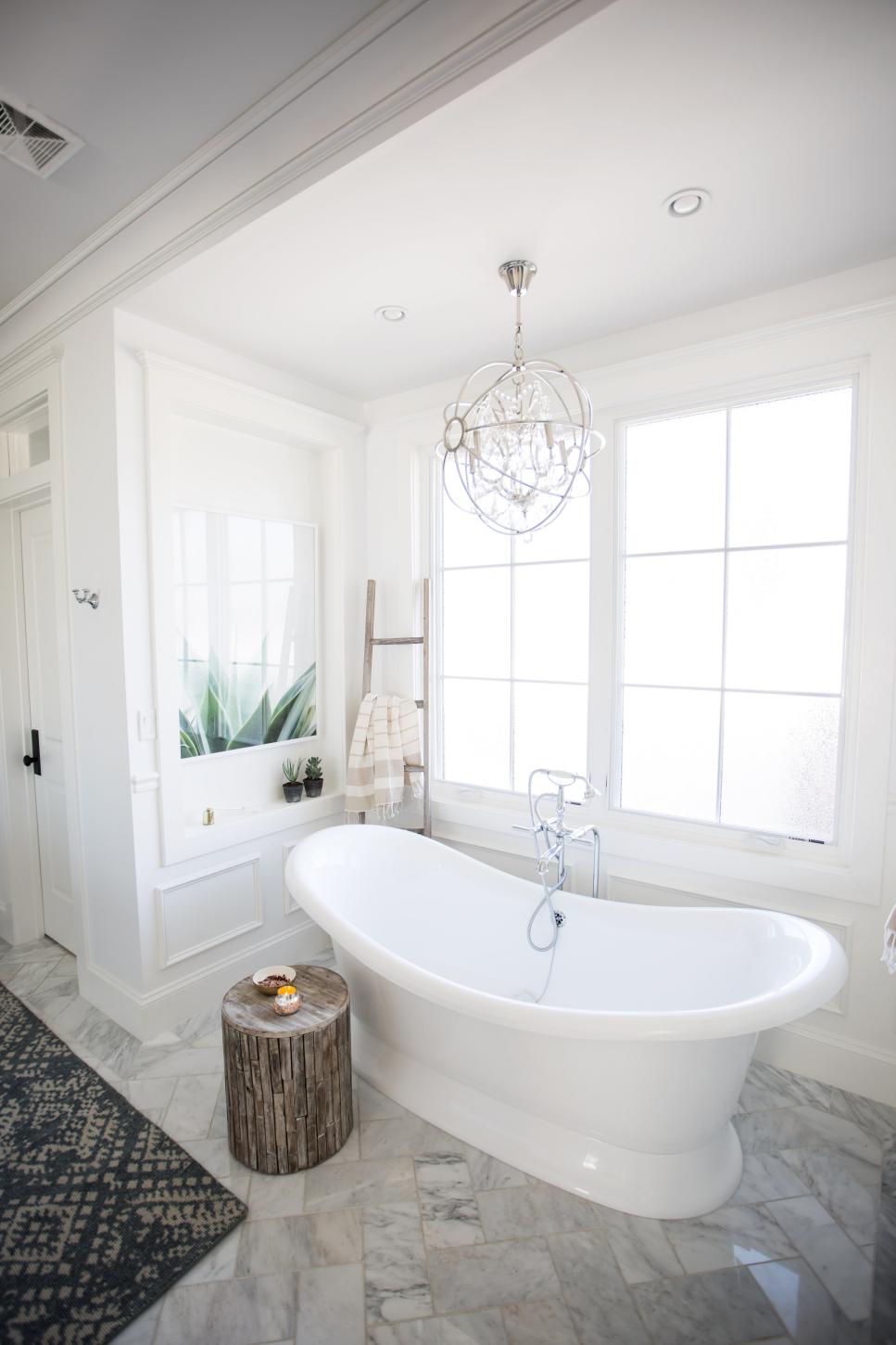 Wood Ladder Infuses Transitional Master Bathroom With Warmth transitional master bathroom with wood stool