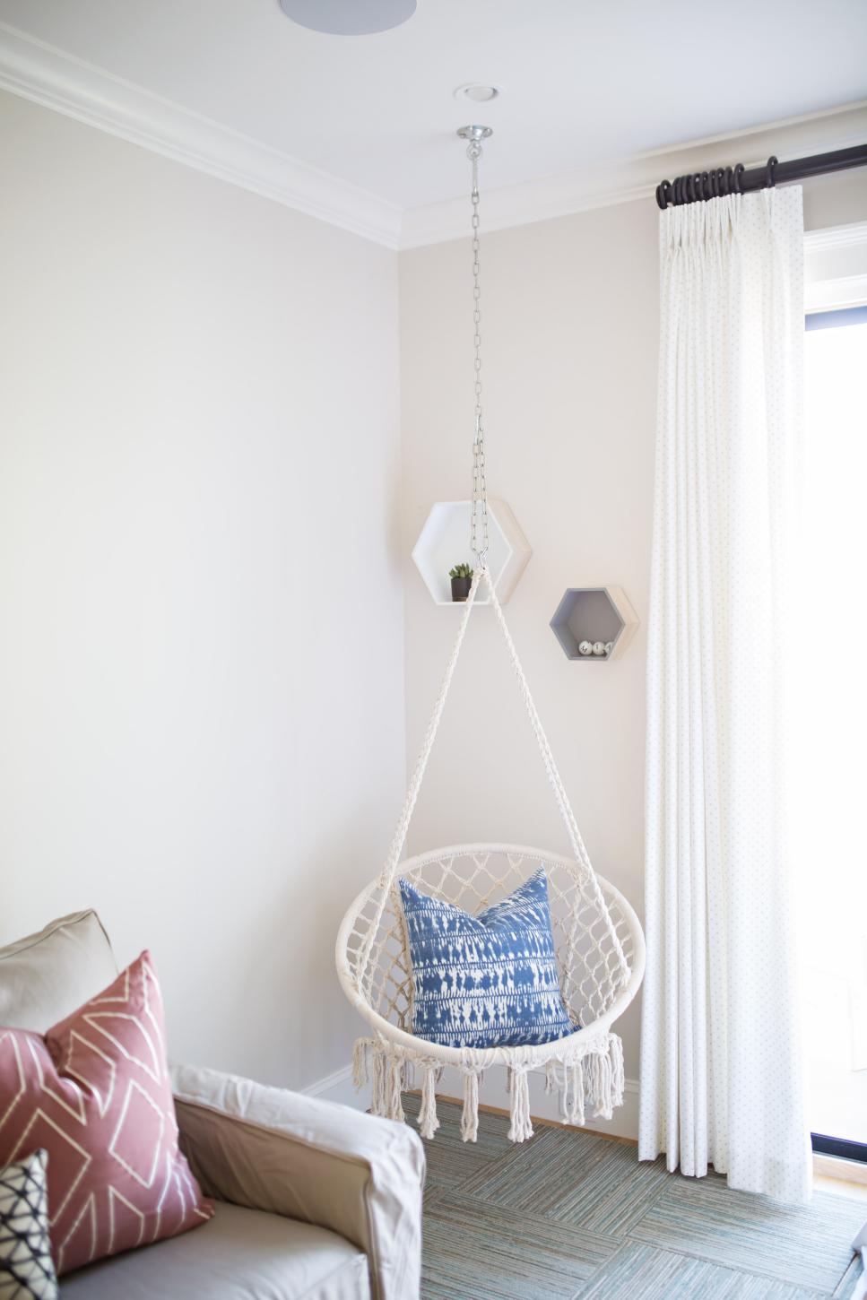 Macrame Swing Chair Makes Fun Addition to Playroom transitional playroom with swinging chair