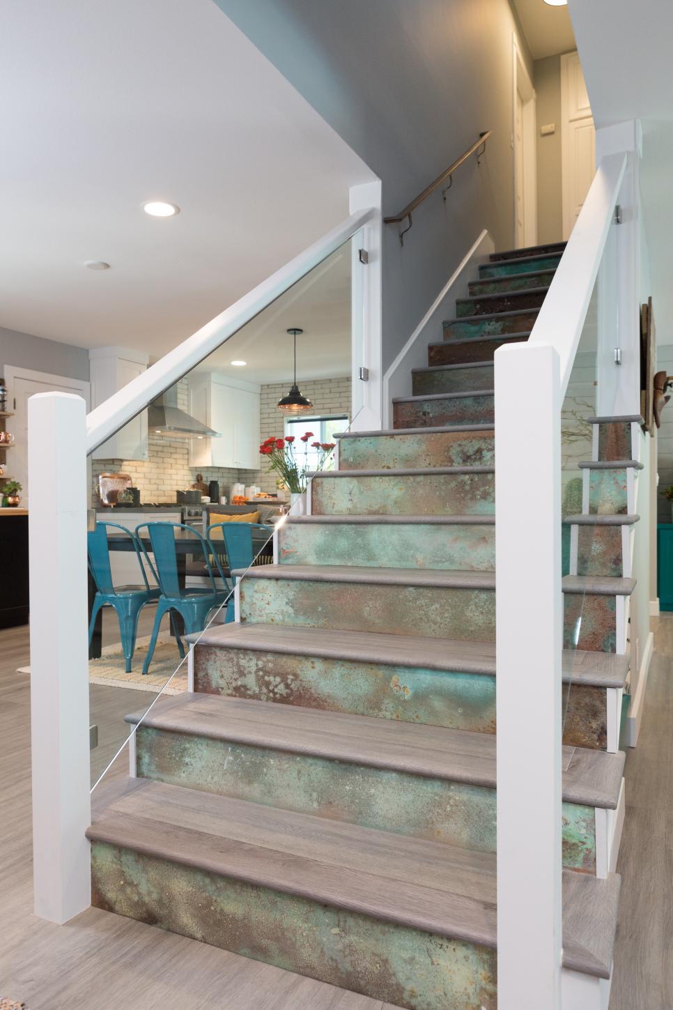 Contemporary White Foyer with Custom Copper Staircase White Foyer with Custom Copper Staircase