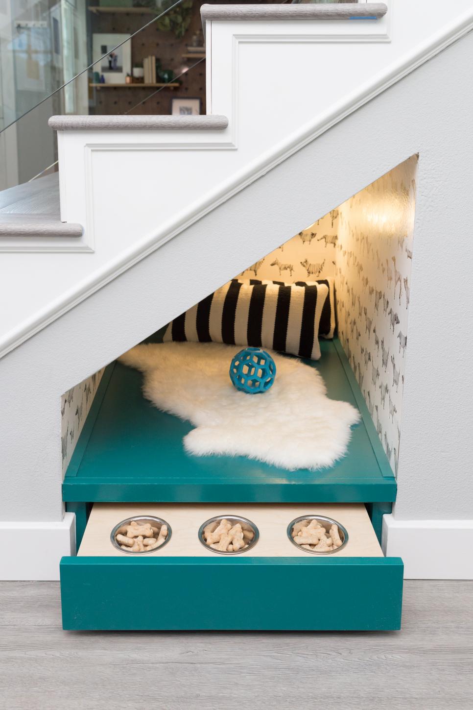 Eclectic White Stairs with Custom Blue Dog Zone Blue Dog Bed under White Staircase