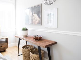 Guest Room Complete With Wood Console Table, Woven Baskets