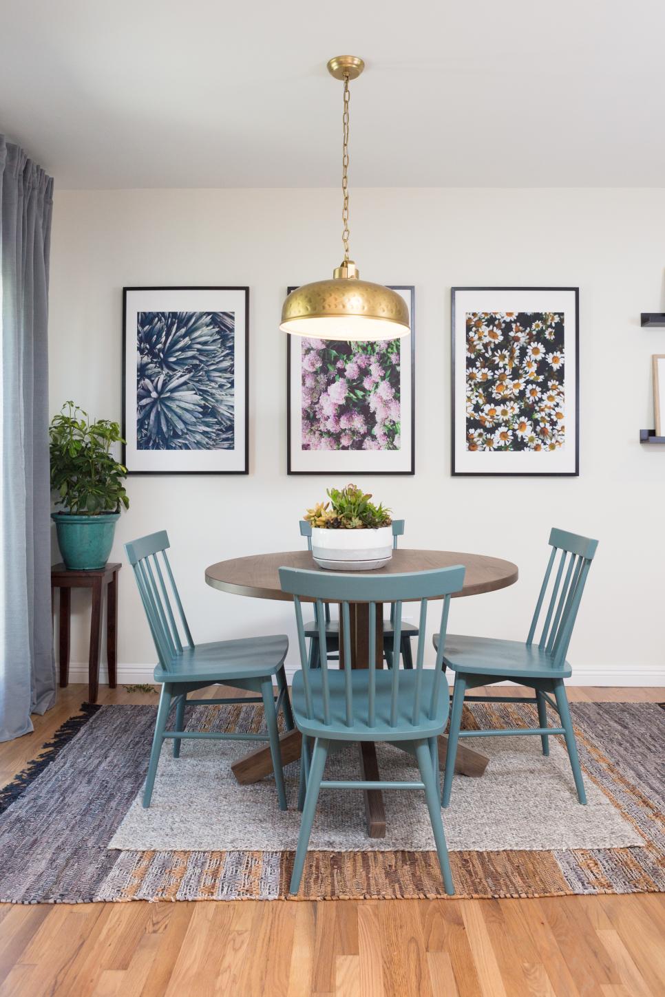 Contemporary Neutral Dining Room with Blue Dining Chairs Neutral Dining Room with Brown Table, Blue Dining Chairs