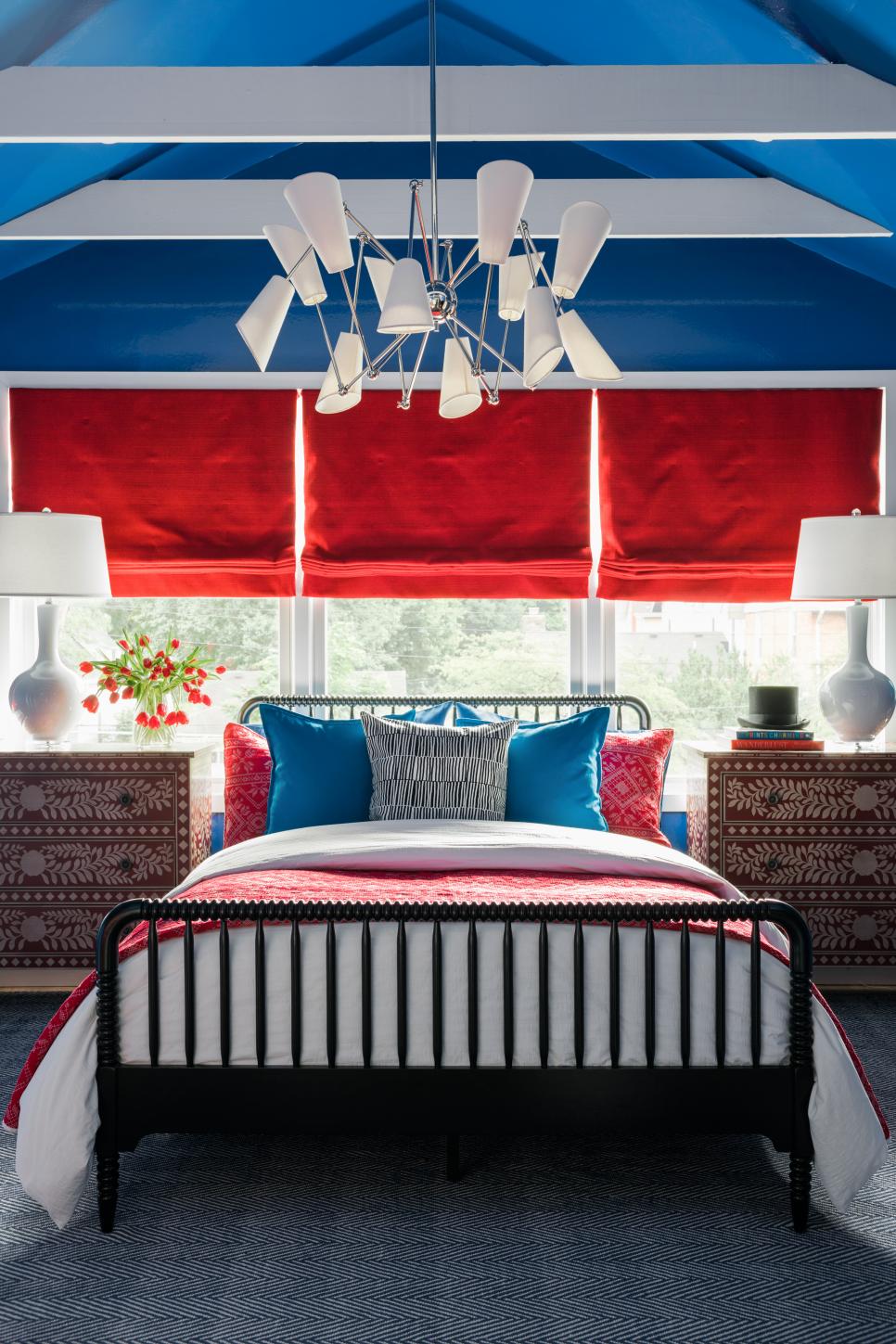 Eye-Catching Ceiling Eclectic Blue Bedroom With Red Shades