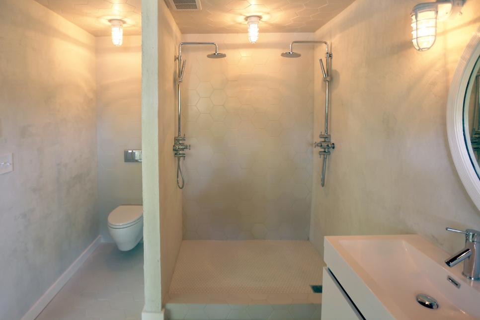 Modern Neutral Bathroom with Industrial Ceiling Lights Beige Bathroom with Industrial Ceiling Lights, Walk-in Shower