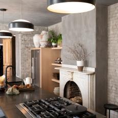 Urban Gray Galley Kitchen with Gray Exposed Brick 