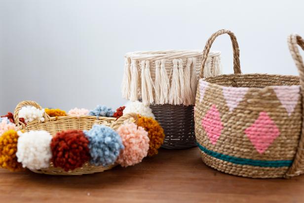 3 Ways to Personalize Baskets Give your old baskets a new, stylish look by dressing them up with pom-poms, tassels and paint.