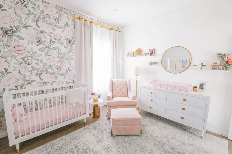 Floral Wall in Nursery With Crib, Tufted Chair, Dresser Changing Table