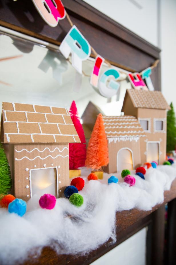 Gingerbread Village on a Faux Snow-Covered Mantel