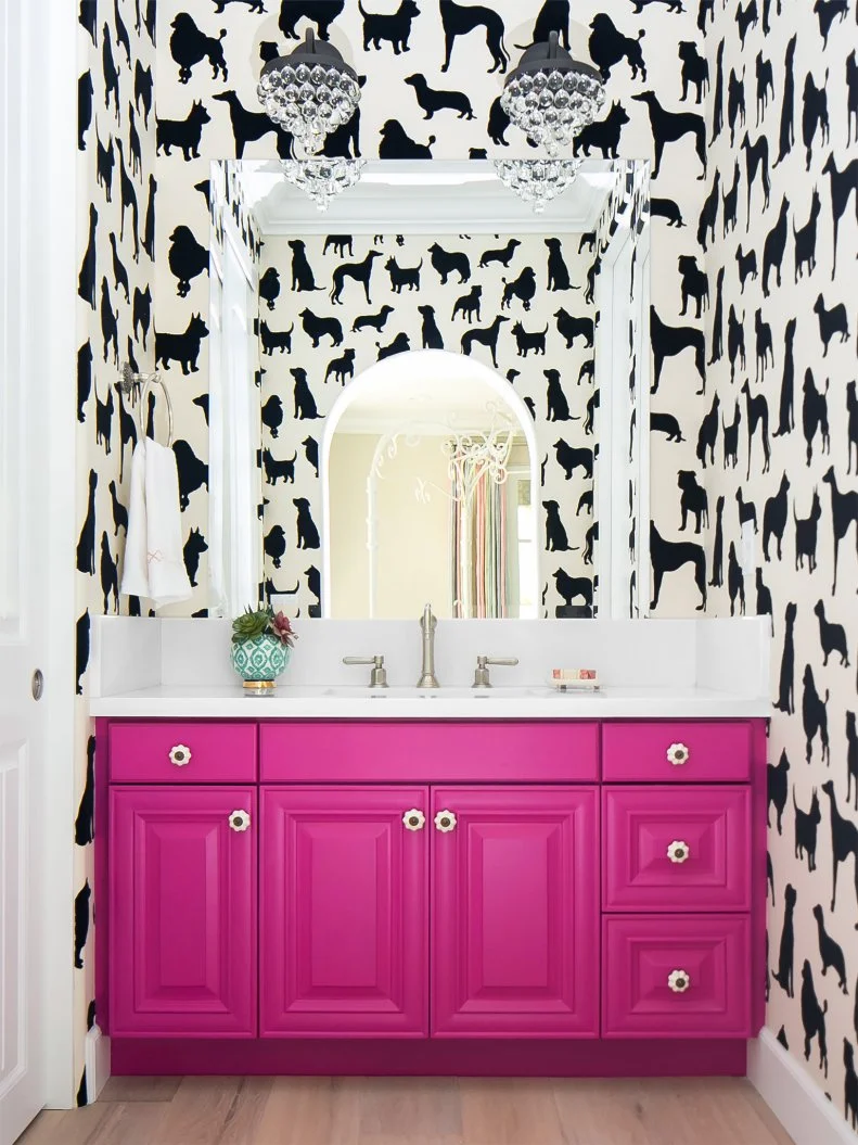 “Playful dog wallpaper kicked off the redo of this bathroom, designed for a young girl. The black-and-white pattern paved the way for a big pop of color on the vanity. Fuchsia is vibrant and hip, and it’s a shade she won’t outgrow.” — Shannon Weller, Tracy Lynn Studio, San Diego, CA