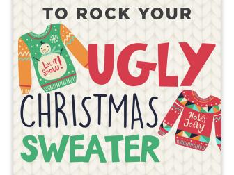 Ugly Christmas sweater party card template with cartoonish sweaters