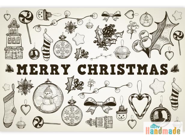 This free, printable Christmas card designed by HGTV Handmade's Karen Kavett features a collection vintage doodles in a subtle sepia tone.
