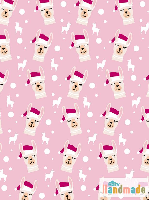 HGTV Handmade's Karen Kavett designed this free, printable wrapping paper featuring a pattern of llamas decked out in pearls and Santa hats.