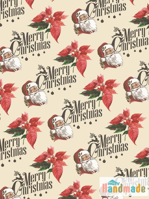 This free, printable wrapping paper template features a repeating pattern of vintage-style poinsettia, Santa Claus and the phrase &quot;Merry Christmas,&quot; designed by HGTV Handmade's Karen Kavett.