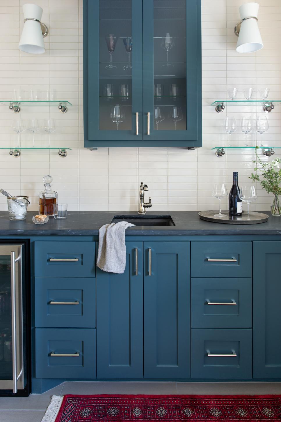 Contemporary Wet Bar With Blue Cabinets Wet Bar With Blue Cabinets