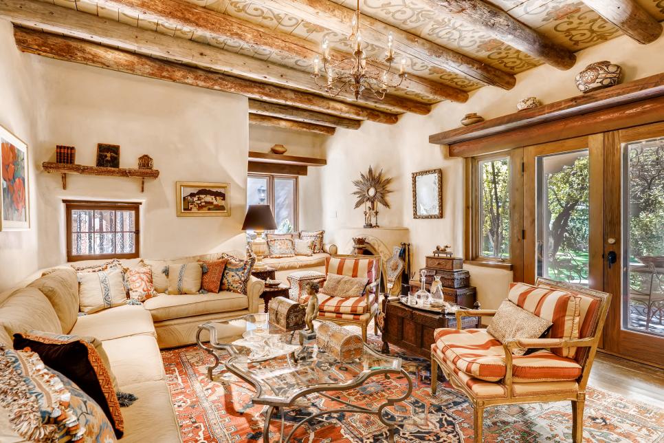 Southwestern living room with painted ceiling