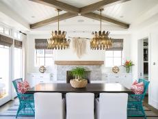Eclectic Dining Room With Gold Chandeliers