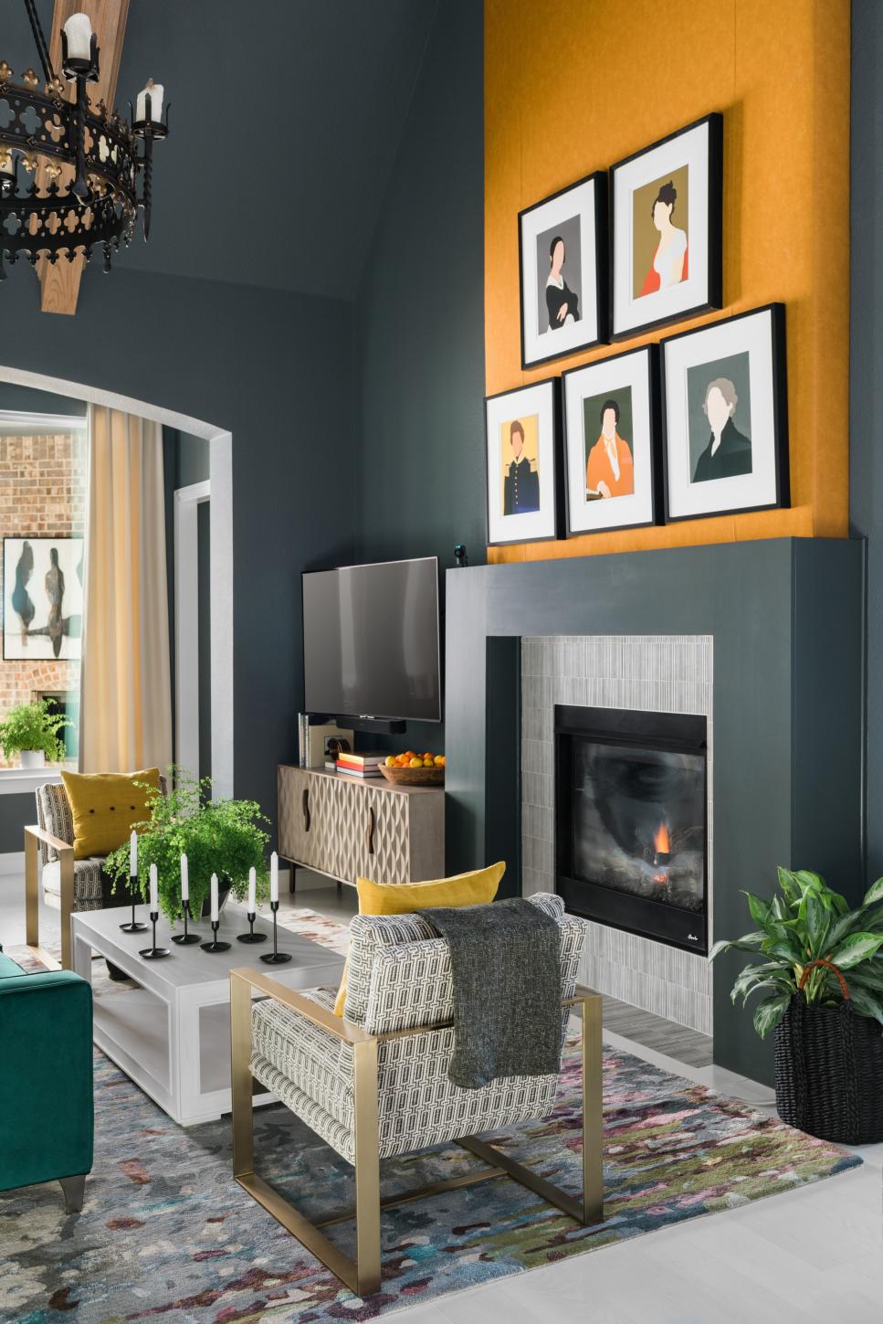 Colorful Rug Gray and Orange Contemporary Great Room