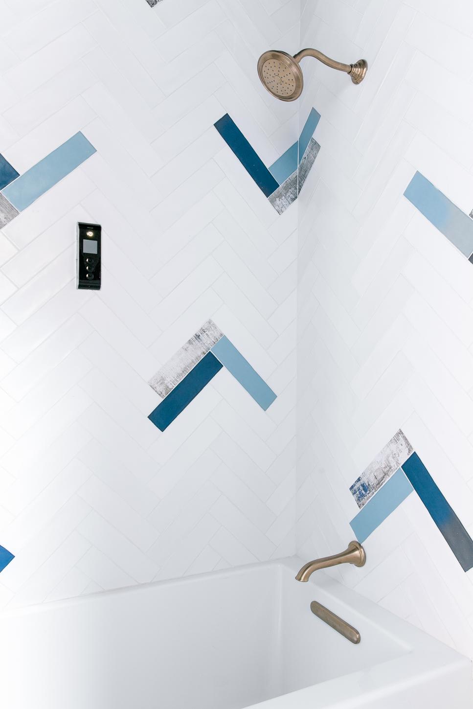 Handsome Details Shower With Blue and White Backsplash