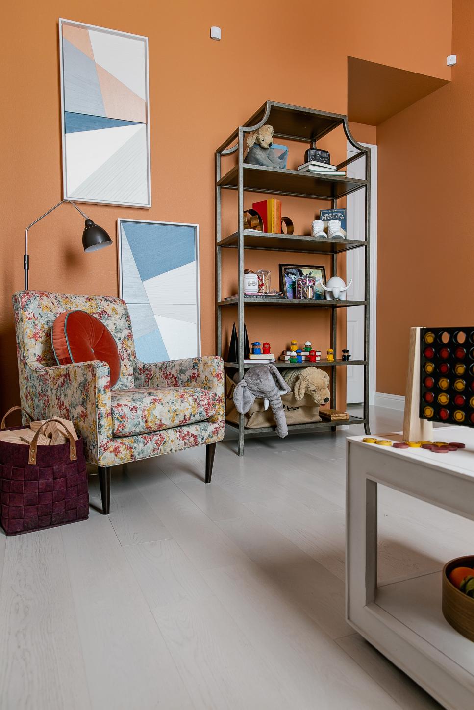 Artistic Reading Nook Orange Playroom With Geometric Art