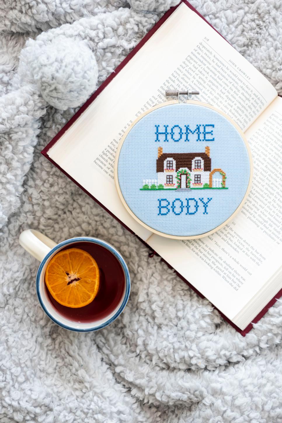 Homebody Cross Stitch Pattern Open Book, Cozy Blanket and Blue Cross Stitch Pattern