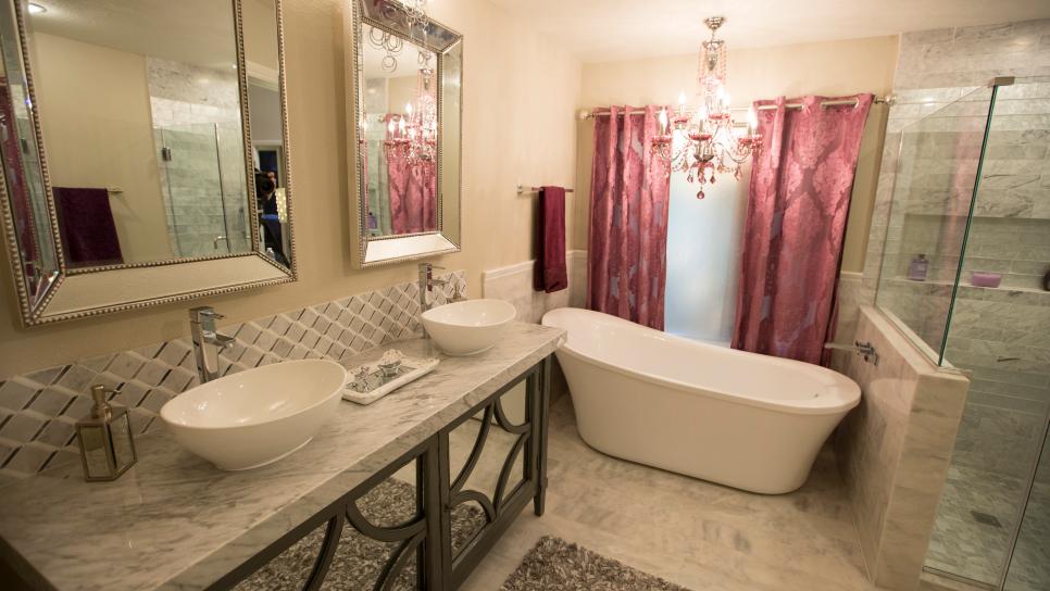 White Eclectic Master Bathroom with Pink Curtains and Chandelier White Master Bathroom with Pink Curtains and Chandelier