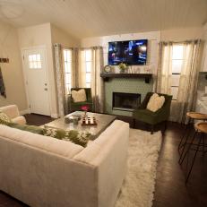 Neutral Rustic Living Room with Green Armchairs 
