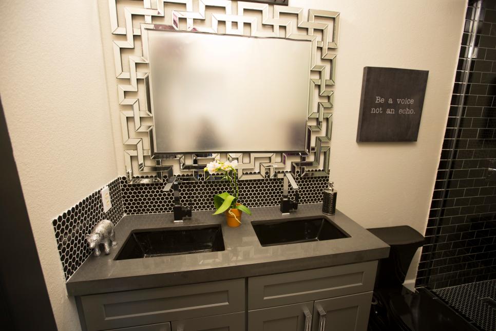 Eclectic Black Master Bathroom with Gray Cabinets and Black Sink Black Bathroom with Gray Cabinets, Black Sink, Chrome Mirror