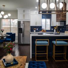Eclectic Blue Kitchen and Dining Room with Blue Dining Chairs 