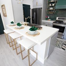 Contemporary White Kitchen with White Island and Stools 