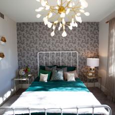 Contemporary Neutral Bedroom with Gray Floral Wallpaper 