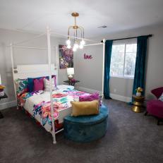 Contemporary Multicolor Master Bedroom with Blue Ottoman and Purple Chair 