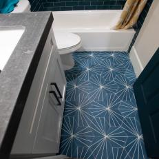 Contemporary White Bathroom with Blue Tile Floor 