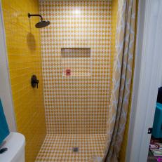 Contemporary White Bathroom with Yellow Tile Shower 