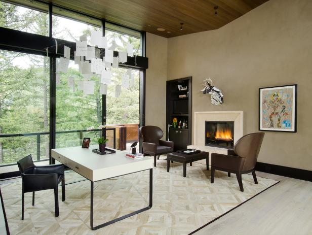 Neutral Contemporary Home Office Has Streamlined Furniture and Fireplace