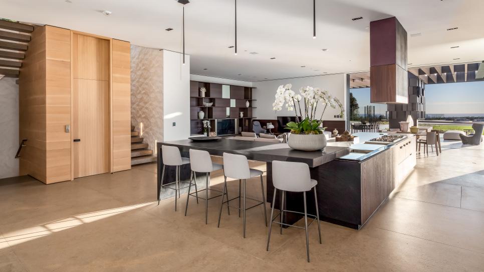 Light and Dark Woods Create Visual Contrast in Neutral Contemporary Eat-In Kitchen Four White Barstools at Island in Eat-In Neutral Contemporary Kitchen