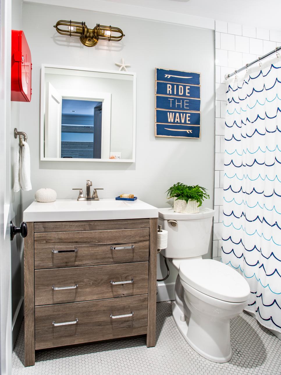 Coastal Small Bathroom With Wave Curtain Coastal Bathroom With Wave Curtain