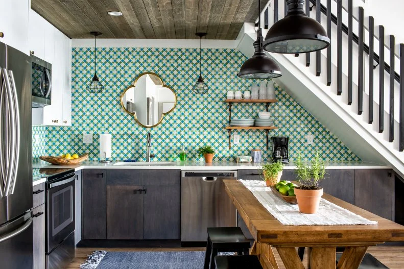 Kitchen With Blue Green Backsplash