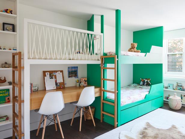 Contemporary Kids Room With Green Bunk Beds