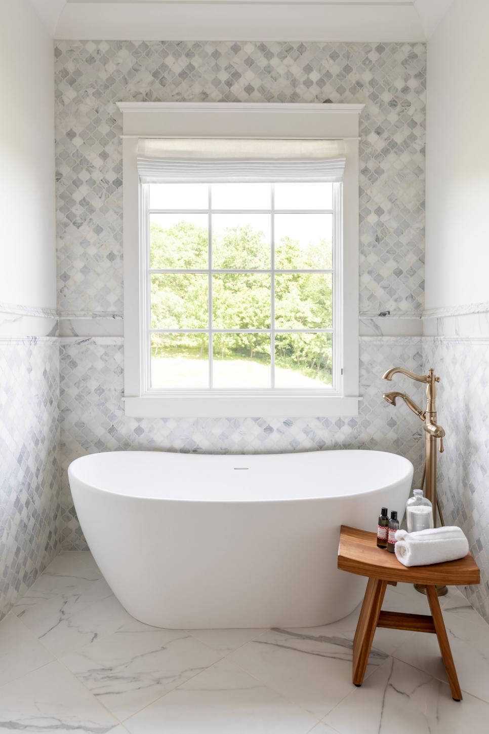Soaking Tub and Gray Tile Wall Soaking Tub and Gray Tile Wall