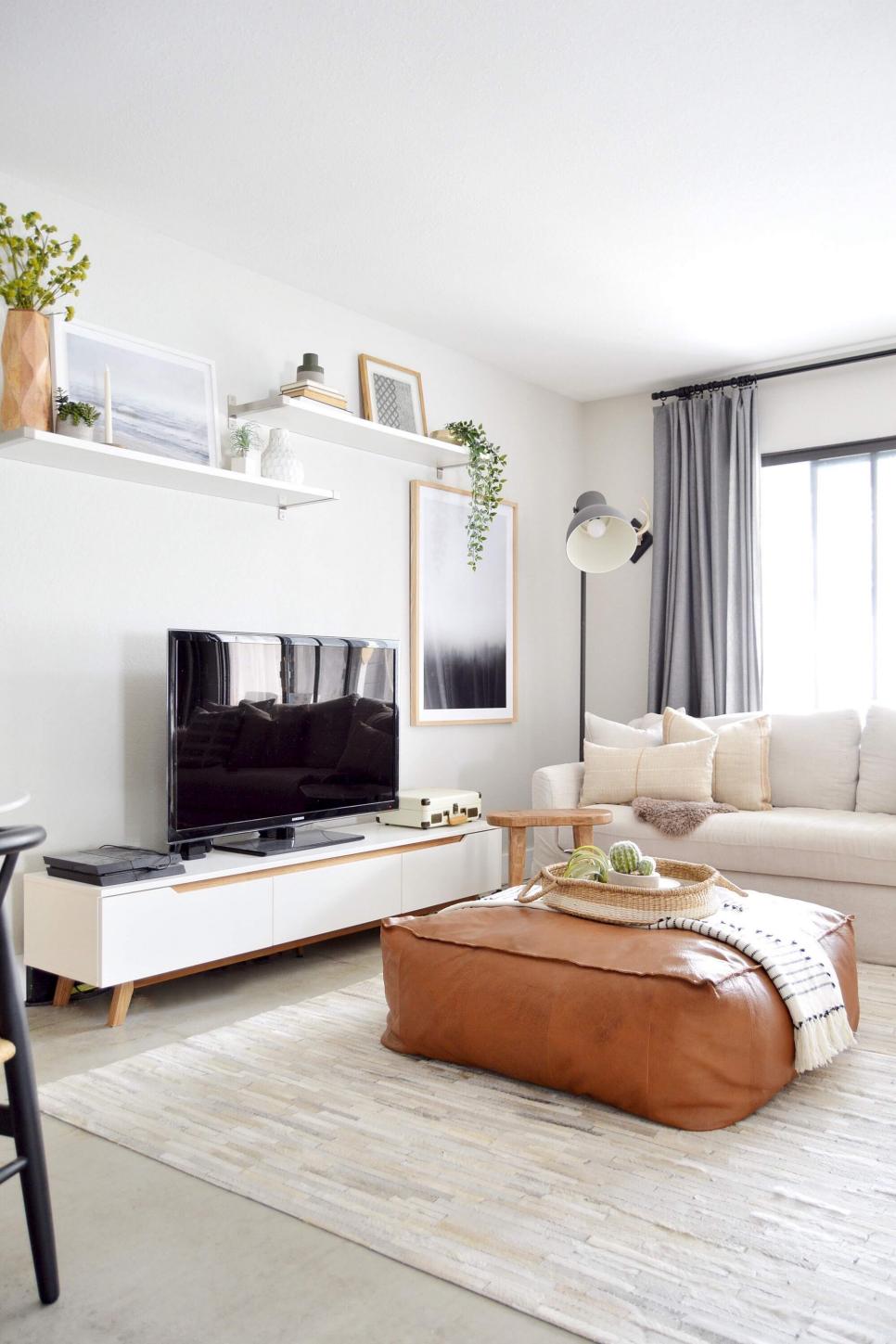 White Contemporary Living Room With Gray Curtains White Contemporary Living Room