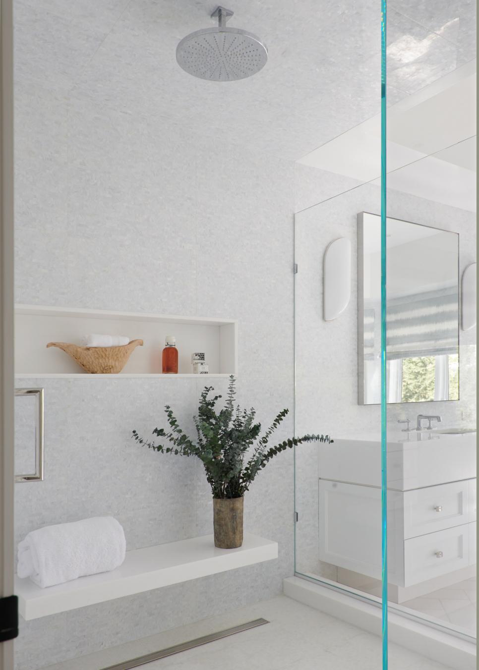 Spa-Inspired Master Bathroom Retreat Rainfall Shower Faucet Centers The Large Walk-In Shower in Bathroom