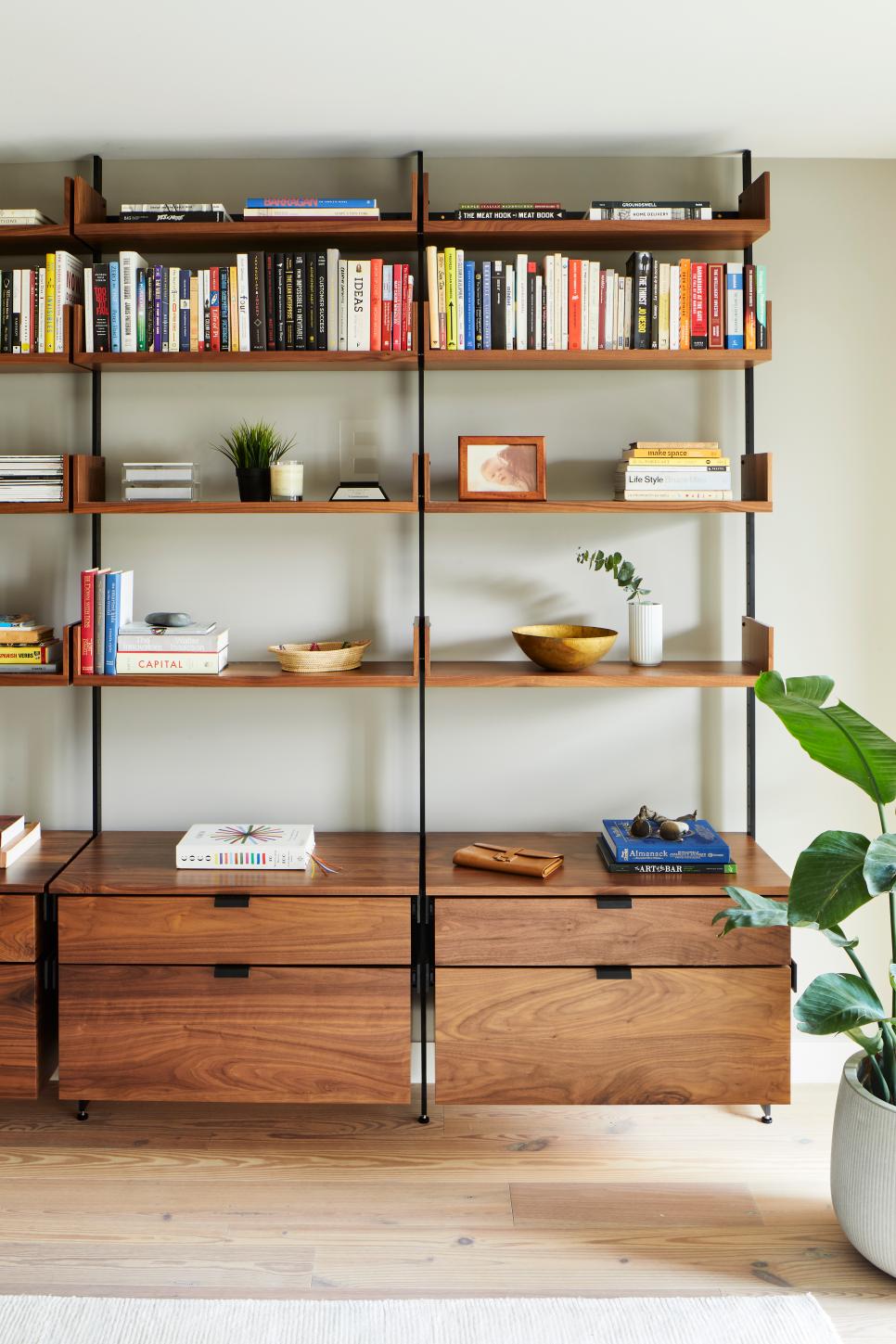 Modern Open Shelving Close Up On Wooden Floor-To-Ceiling Open Shelving With Books