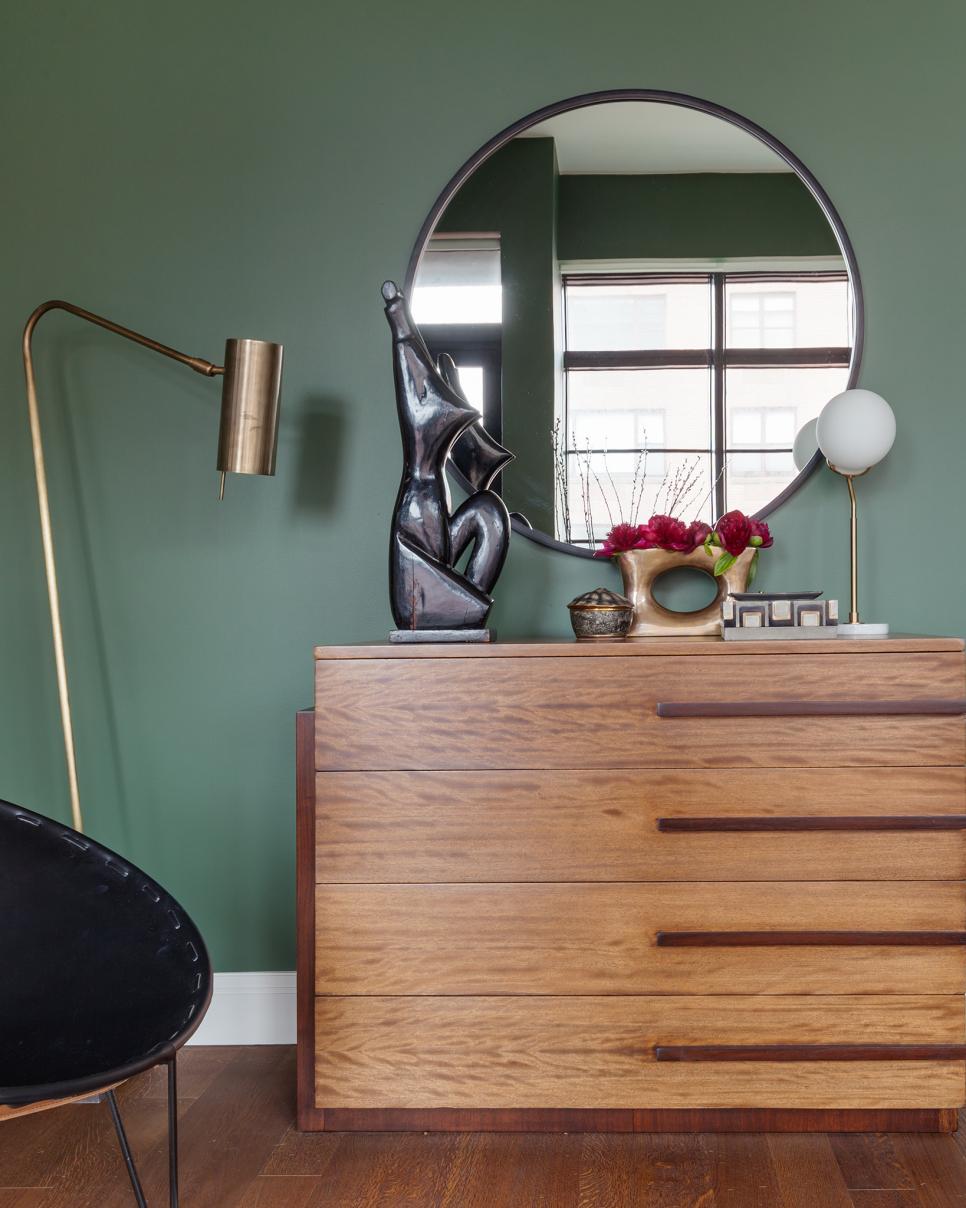 Master Bedroom Contemporary Furniture Close Up View Of Modern Wood Dresser With Round Mirror And Floor Lamp