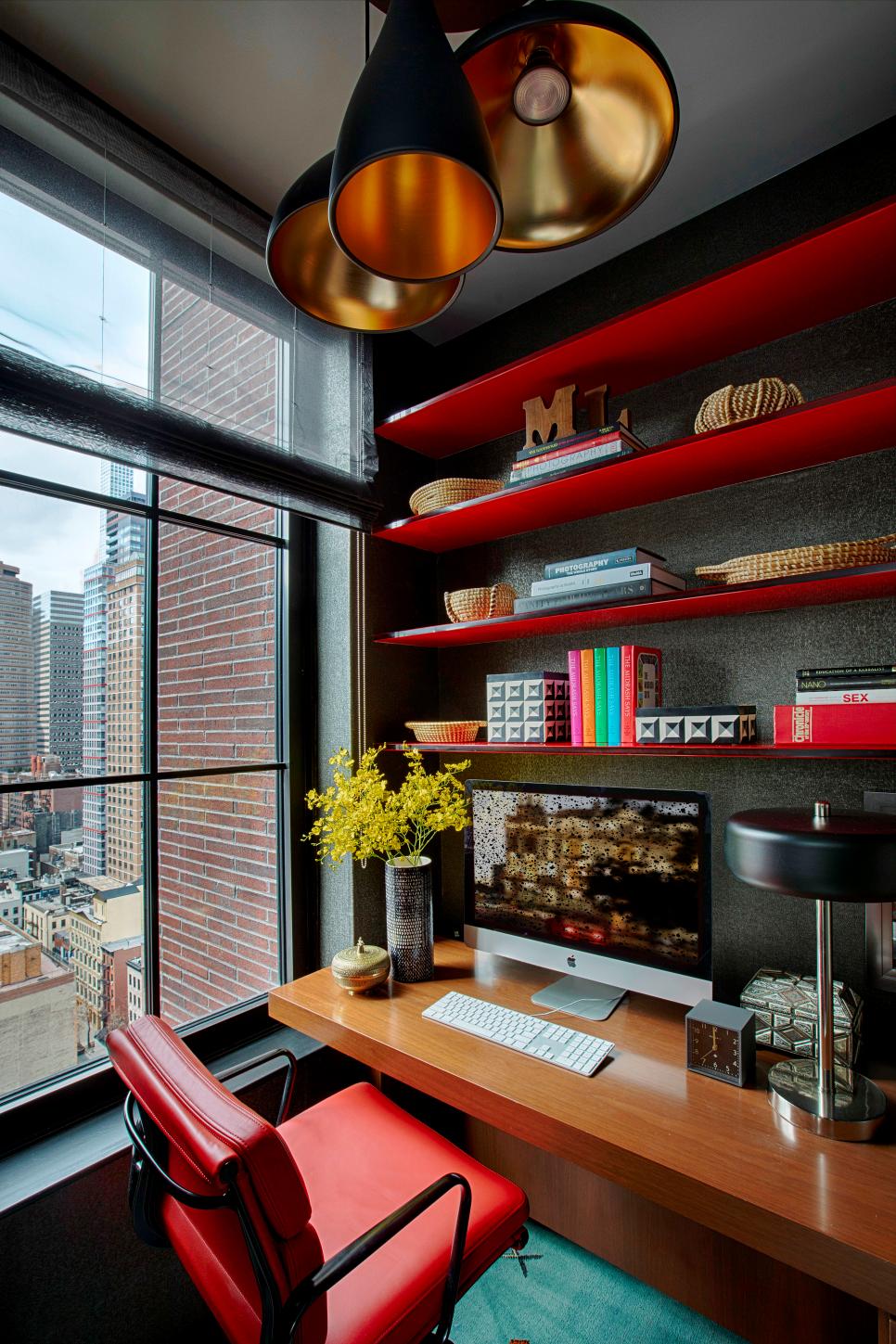 Home Office With Red Shelves Home Office With Red Shelves