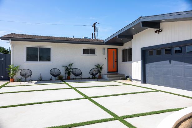 A mid-century modern exterior stands out in a San Diego neighbourhood, which will make this house stand out amongst other online short term rental listings, as seen on My House is Your House. (exterior, after)
